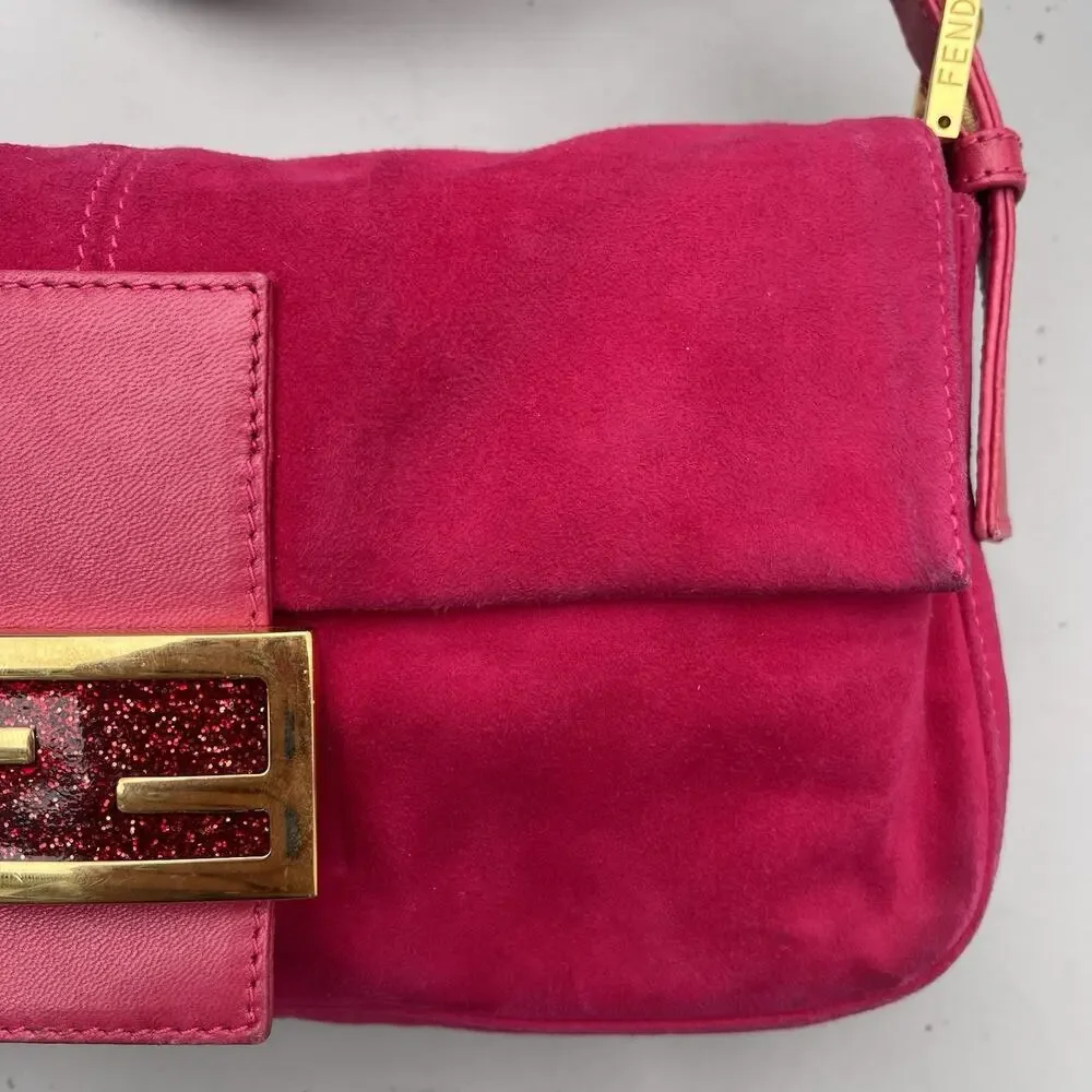 FENDI Mamma Baguette Pink Suede Gold Glitter Flap Shoulder Bag Purse - Picture 16 of 16